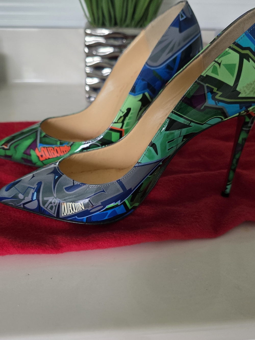 Christian Louboutin Graffiti Patent Pointed-Toe Pumps in Green and Blue